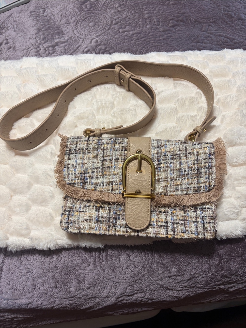 Sondra Roberts Tweed Crossbody in Beige and Cream with Gold Buckle